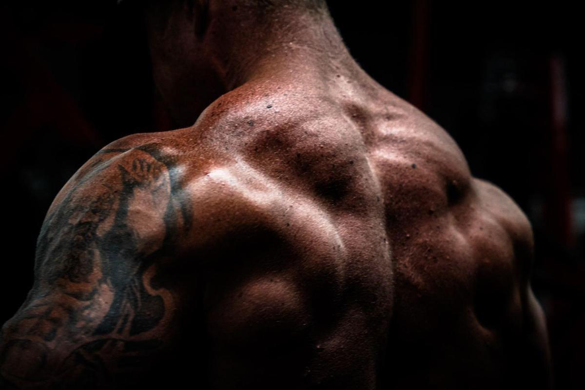 Low-key close-up of a tattooed shoulder and traps